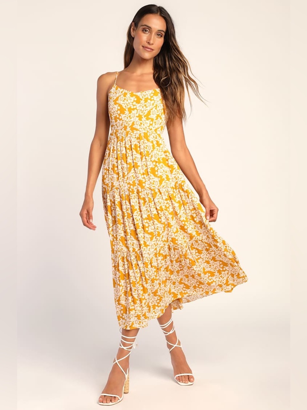 NWT Lulus | Catching Sunrays Mustard Yellow Floral Print Midi Dress, Small